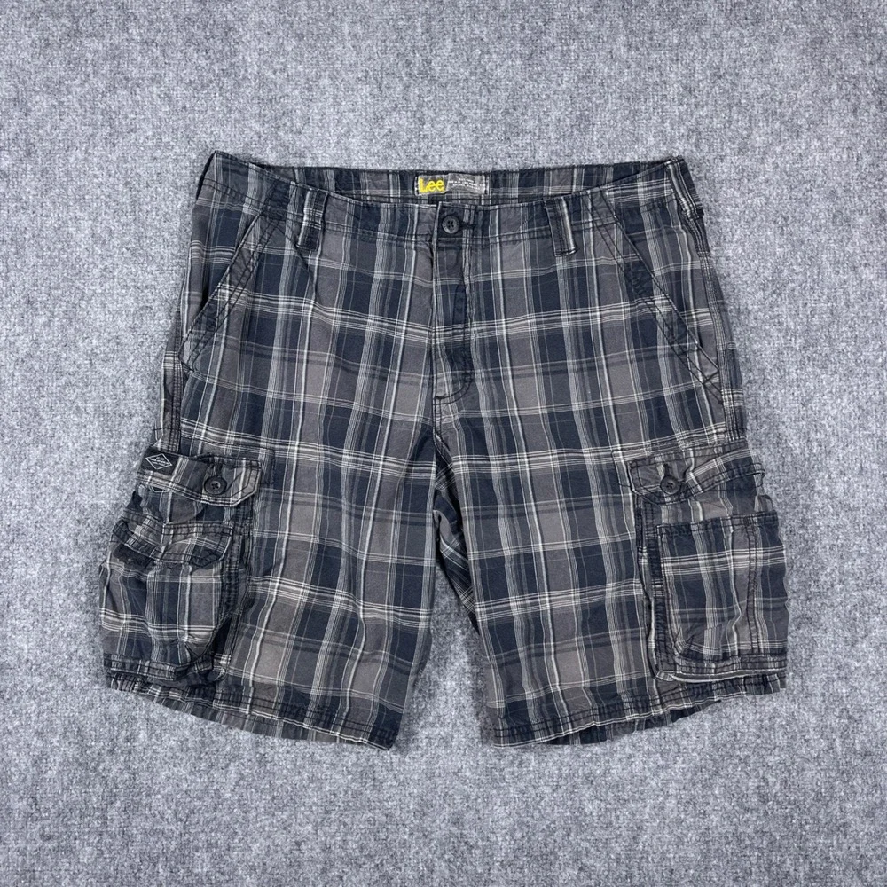Lee Cargo Plaid Shorts Mens 36 Grey Black Cotton Relaxed Fit Utility